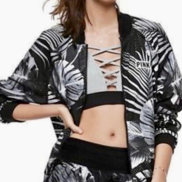 PINK Victoria's Secret Jackets & Blazers - PINK Victoria’s Secret Perforated Bomber Jacket Black & White Palm Print S